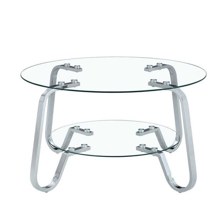 Side angle of Vintage Metal Frame Coffee Table - Glass Top | 31.5 Inches showing tempered glass shelves and metal frame.