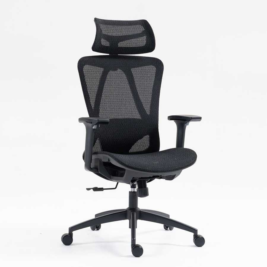 High back mesh office chair with ergonomic design, adjustable armrests, and headrest for enhanced comfort in modern office settings.