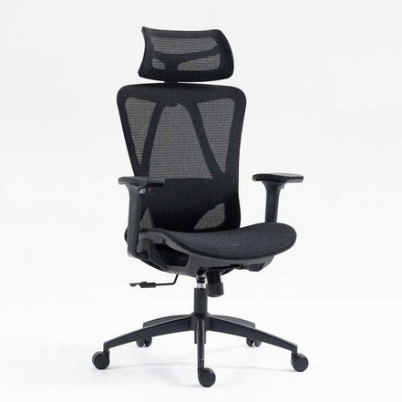 High back mesh office chair with ergonomic design, adjustable armrests, and headrest for enhanced comfort in modern office settings.