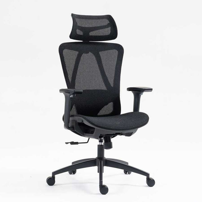 High back mesh office chair with ergonomic design, adjustable armrests, and headrest for enhanced comfort in modern office settings.