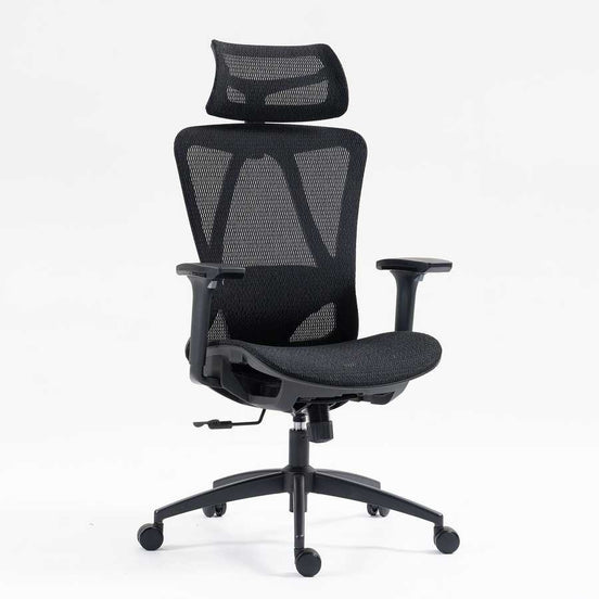 High back mesh office chair with ergonomic design, adjustable armrests, and headrest for enhanced comfort in modern office settings.