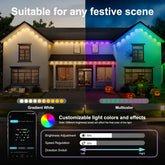 A promotional graphic for a house facade LED light strip set, showing a two-story house at night with split views: one side lit in gradient white and the other in multicolor gradient (blue, green, pink, purple). Text reads &