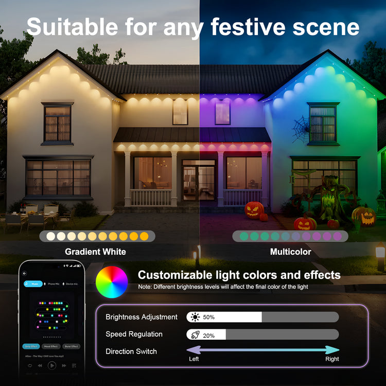 A promotional graphic for a house facade LED light strip set, showing a two-story house at night with split views: one side lit in gradient white and the other in multicolor gradient (blue, green, pink, purple). Text reads &