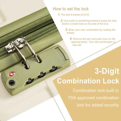 An olive green TSA-approved 3-digit combination lock shown on a zipper, with instructional text explaining how to set the lock and a beige text panel highlighting its TSA-compliant design.