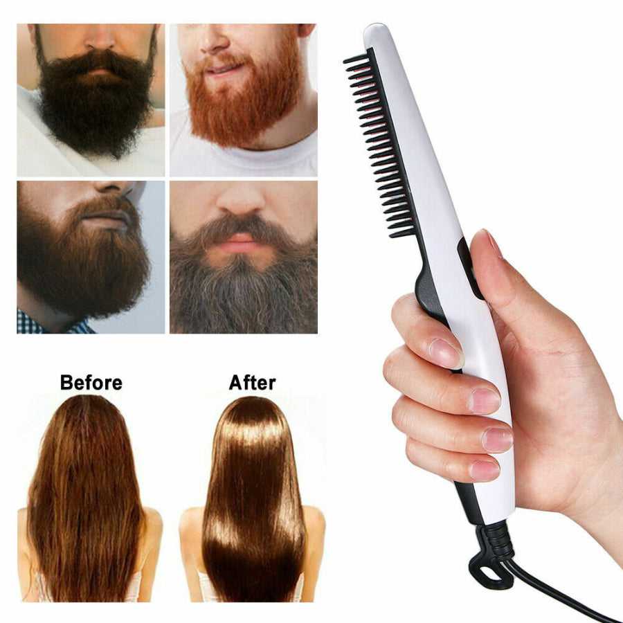 Electric straightening hair comb with heat-up features and safety icons