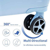 Close-up of a blue scooter with 360-degree spinner wheels on a white background