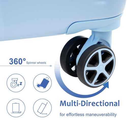 Close-up of a blue scooter with 360-degree spinner wheels on a white background