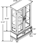Dimension diagram of lighted curio cabinet showing height, width, and shelf spacing for accurate furniture fitting.