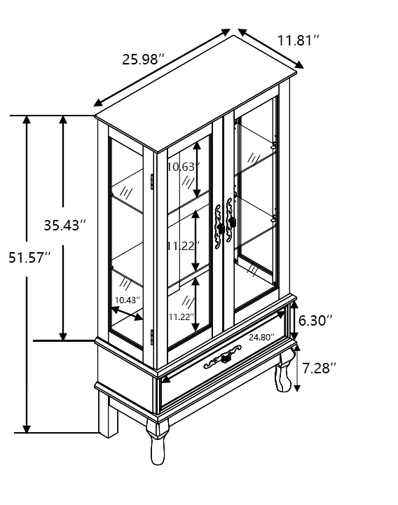 Dimension diagram of lighted curio cabinet showing height, width, and shelf spacing for accurate furniture fitting.