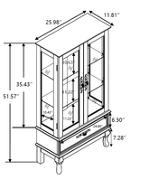 Dimension diagram of lighted curio cabinet showing height, width, and shelf spacing for accurate furniture fitting.