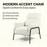 A modern accent chair with cream and white vertically striped textured upholstery and black metal legs, shown on a light beige background with promotional text listing features like textured upholstery, padded seat and back, and sturdy metal legs.