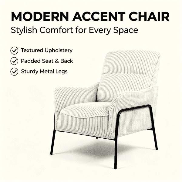 A modern accent chair with cream and white vertically striped textured upholstery and black metal legs, shown on a light beige background with promotional text listing features like textured upholstery, padded seat and back, and sturdy metal legs.