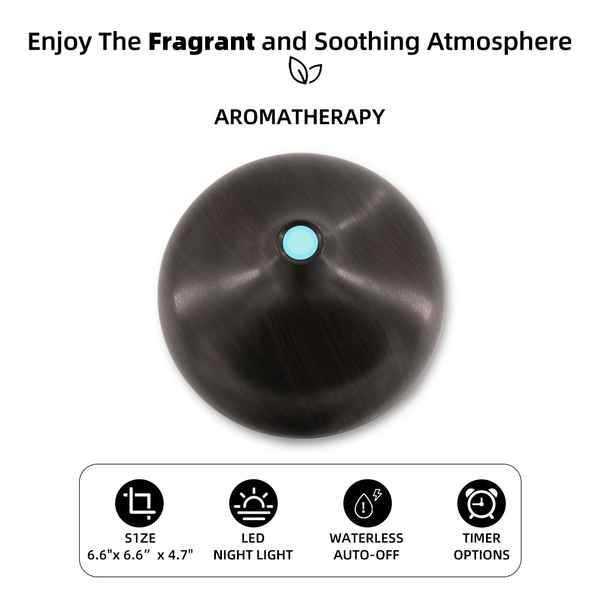 Aromatherapy diffuser with features listed on a white background