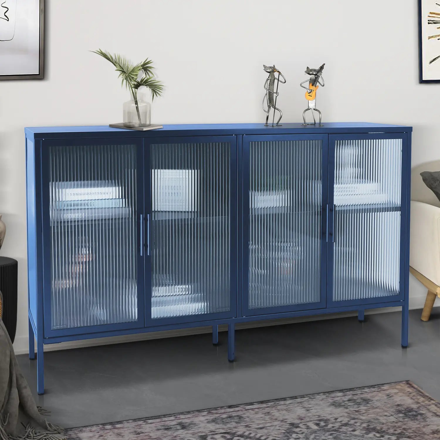 Stylish 4-Door Tempered Glass Cabinet with 4 Glass Doors Adjustable Shelf and Feet Anti-Tip Dust-free Fluted Glass