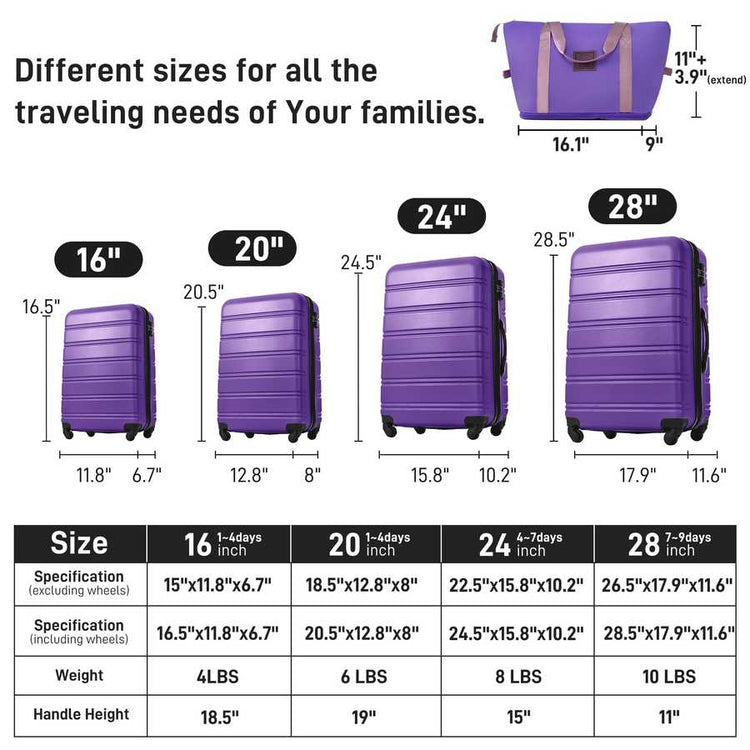 Hardshell Luggage Sets 4 pcs + Bag Spinner Suitcase with TSA Lock Lightweight-16&