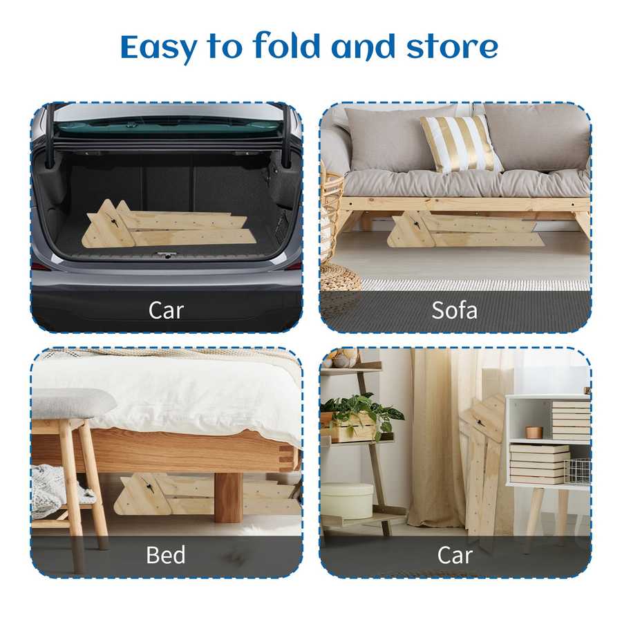 Collage showing a wooden folding bed and sofa being used in a car and on a bed, with text &