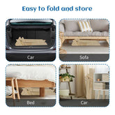 Collage showing a wooden folding bed and sofa being used in a car and on a bed, with text &