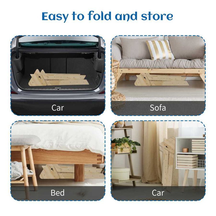 Collage showing a wooden folding bed and sofa being used in a car and on a bed, with text &