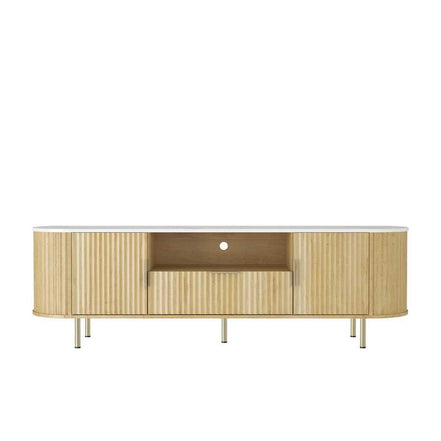 Front view of LED TV Stand with Storage for 55+ Inch TVs, showcasing minimalist design with ample concealed and open storage.