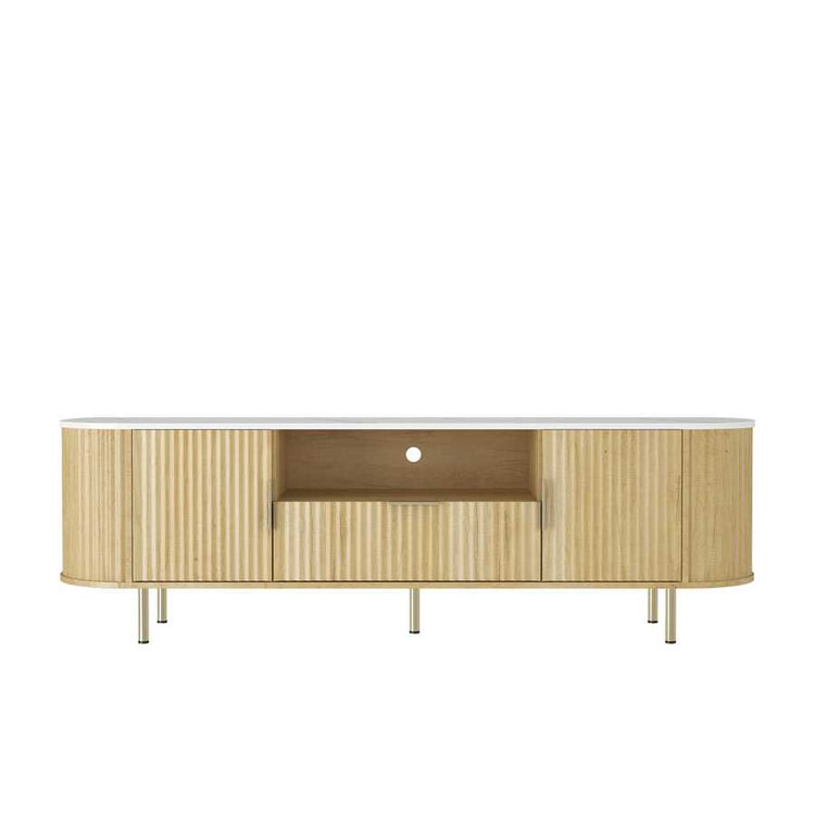 Front view of LED TV Stand with Storage for 55+ Inch TVs, showcasing minimalist design with ample concealed and open storage.