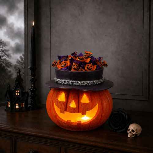 A Halloween-themed candy display featuring a carved orange jack-o&
