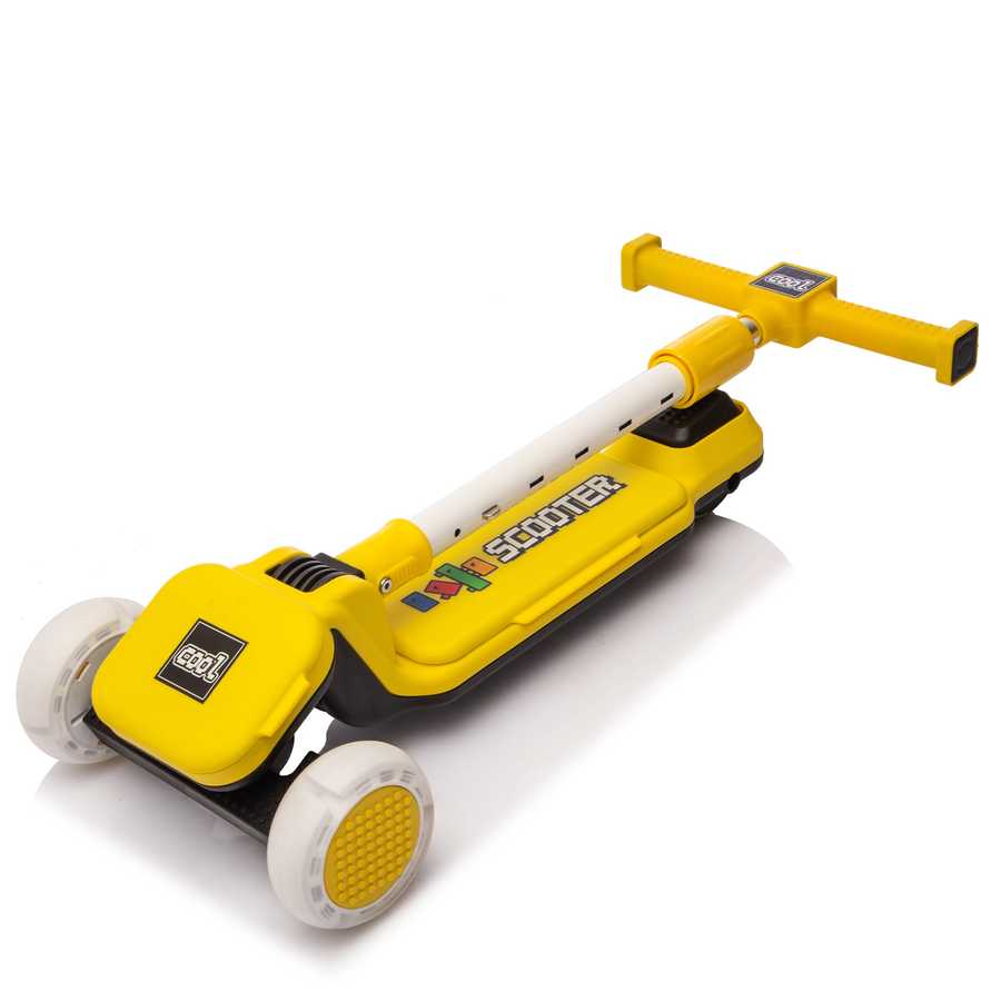 Buildable yellow scooter for kids with black and white wheels and adjustable height