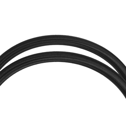 Two black braided hoses on a white background