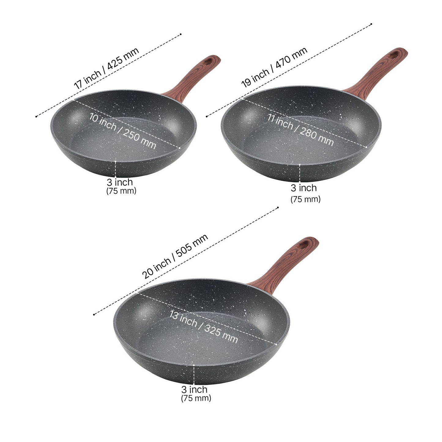 Size chart of 3 piece aluminum skillet set showing 10, 11, and 13 inch nonstick frying pans with dimensions.
