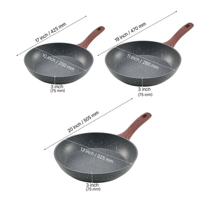 Size chart of 3 piece aluminum skillet set showing 10, 11, and 13 inch nonstick frying pans with dimensions.