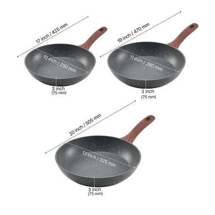 Size chart of 3 piece aluminum skillet set showing 10, 11, and 13 inch nonstick frying pans with dimensions.