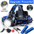 Rechargeable LED Headlamp for Camping with 3 light modes, zoomable lens, and included batteries and charger for hiking or outdoor use.