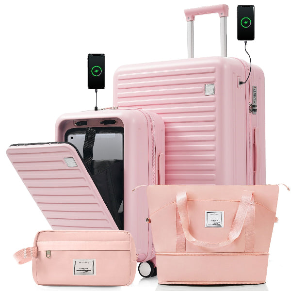 4-Piece Luggage Set with USB Charging Ports - 20in Carry-On (Front-Opening for Laptop) 28in Checked Suitcase with TSA Lock Travel Duffel Bag Wet-Dry Toiletry Bag, pink Default