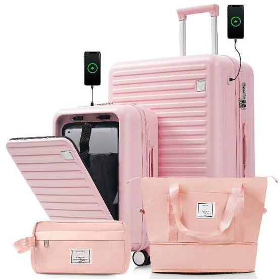 4-Piece Luggage Set with USB Charging Ports - 20in Carry-On (Front-Opening for Laptop) 28in Checked Suitcase with TSA Lock Travel Duffel Bag Wet-Dry Toiletry Bag, pink Default