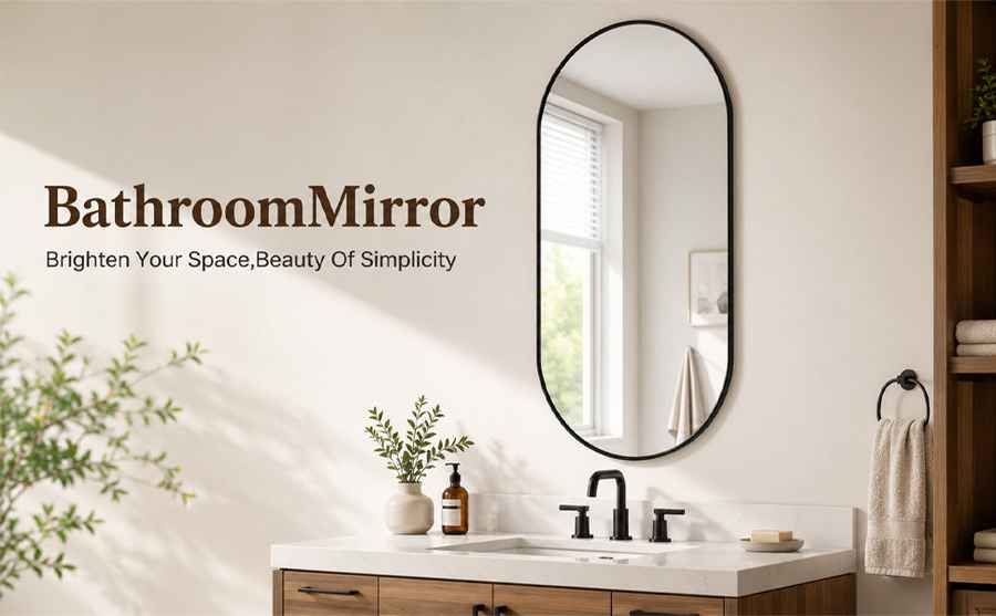 An oval bathroom mirror with a thin black frame hangs on a beige wall above a white and wood vanity. The mirror reflects a bright window, and the scene includes the text &