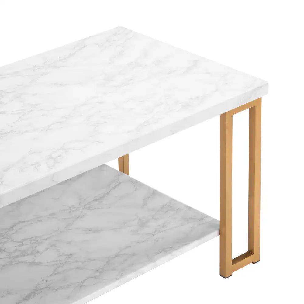 mlnshops Double-Layer Marble Sofa Table with Gold Frame