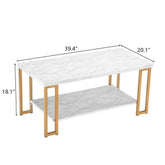 mlnshops Double-Layer Marble Sofa Table with Gold Frame