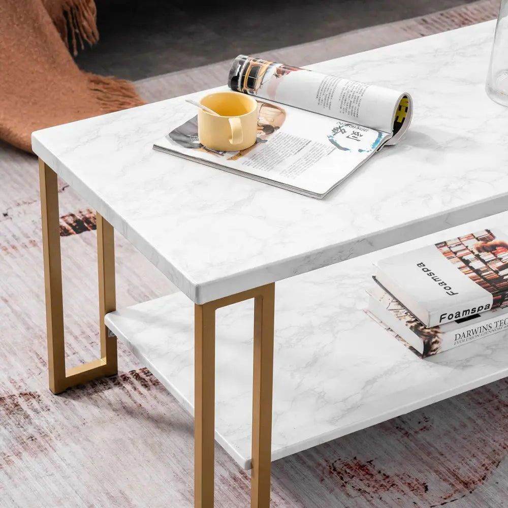 mlnshops Double-Layer Marble Sofa Table with Gold Frame