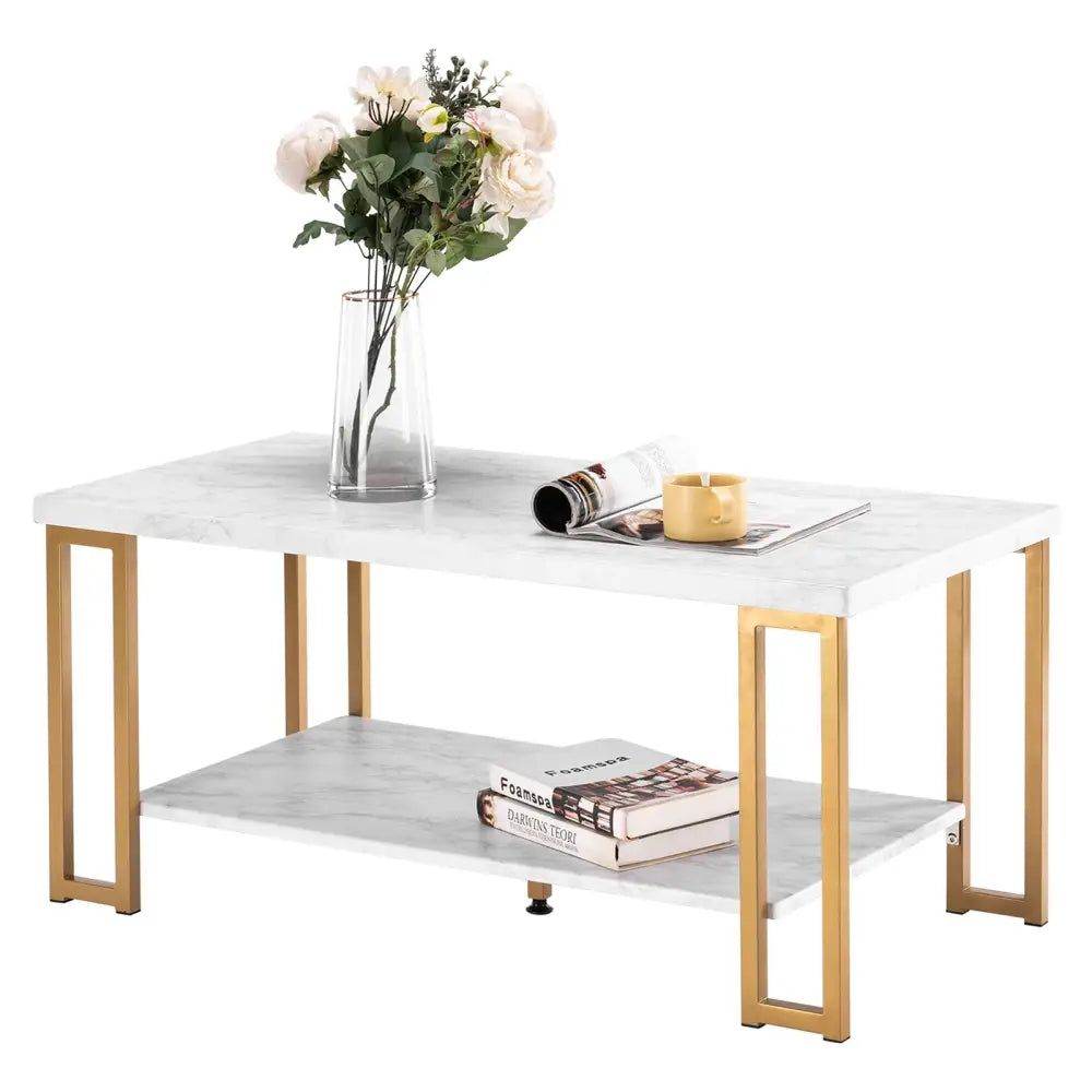 mlnshops Double-Layer Marble Sofa Table with Gold Frame