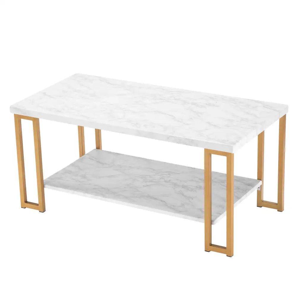 mlnshops Double-Layer Marble Sofa Table with Gold Frame