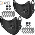 Two black face masks with valve and filter included on a white background