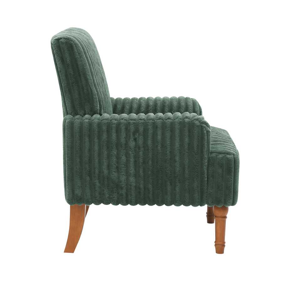 Green textured armchair with wooden legs on a white background