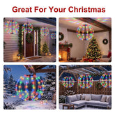 LED Christmas ball lights on a porch, by a fireplace, outdoors in snow and on a patio