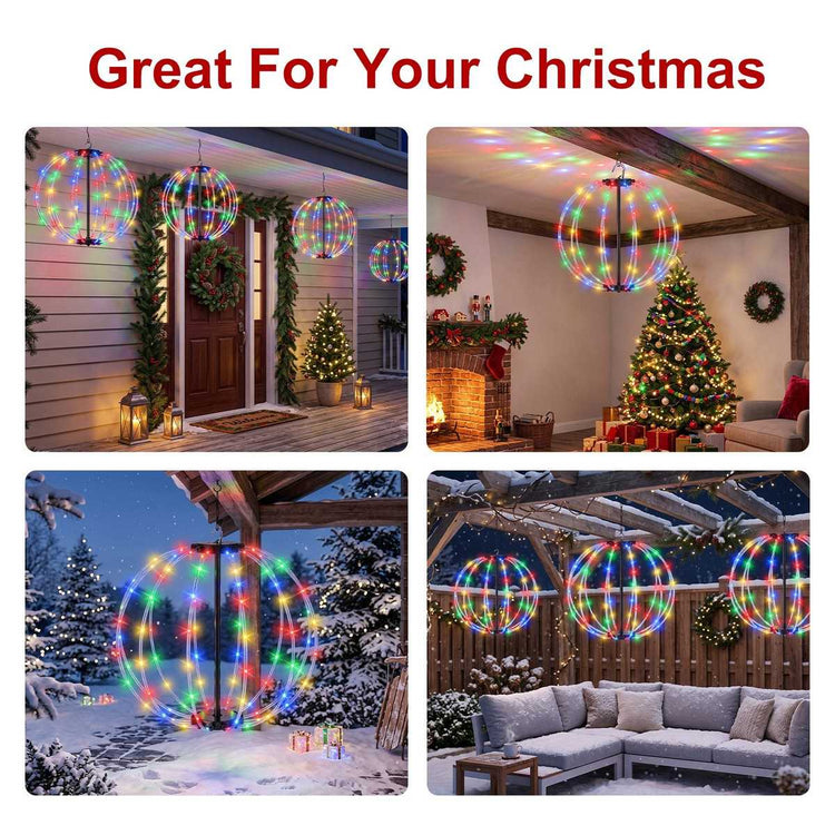 LED Christmas ball lights on a porch, by a fireplace, outdoors in snow and on a patio