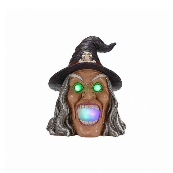 Rear view of witch Halloween decor showing hat with pointed tip, detailed hair, and mist effect emitting from mouth