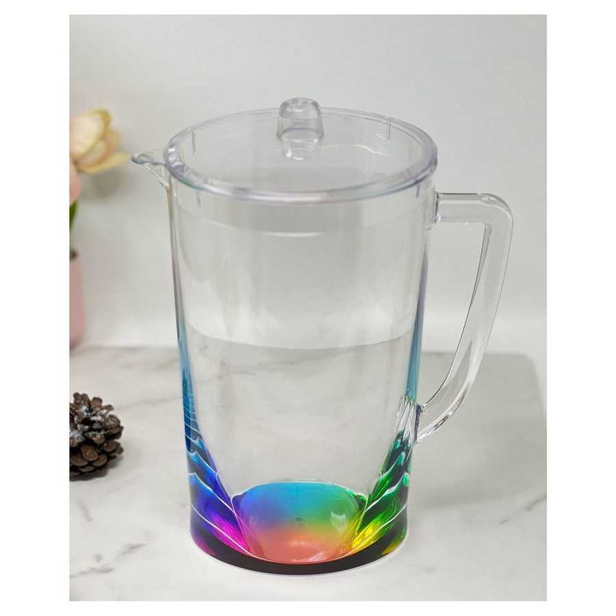Clear BPA Free Drink Pitcher with rainbow base and lid, perfect for stylish beverage service in kitchens or dining settings.