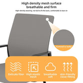 Gray office chair with high-density mesh surface and text highlighting features on a white background