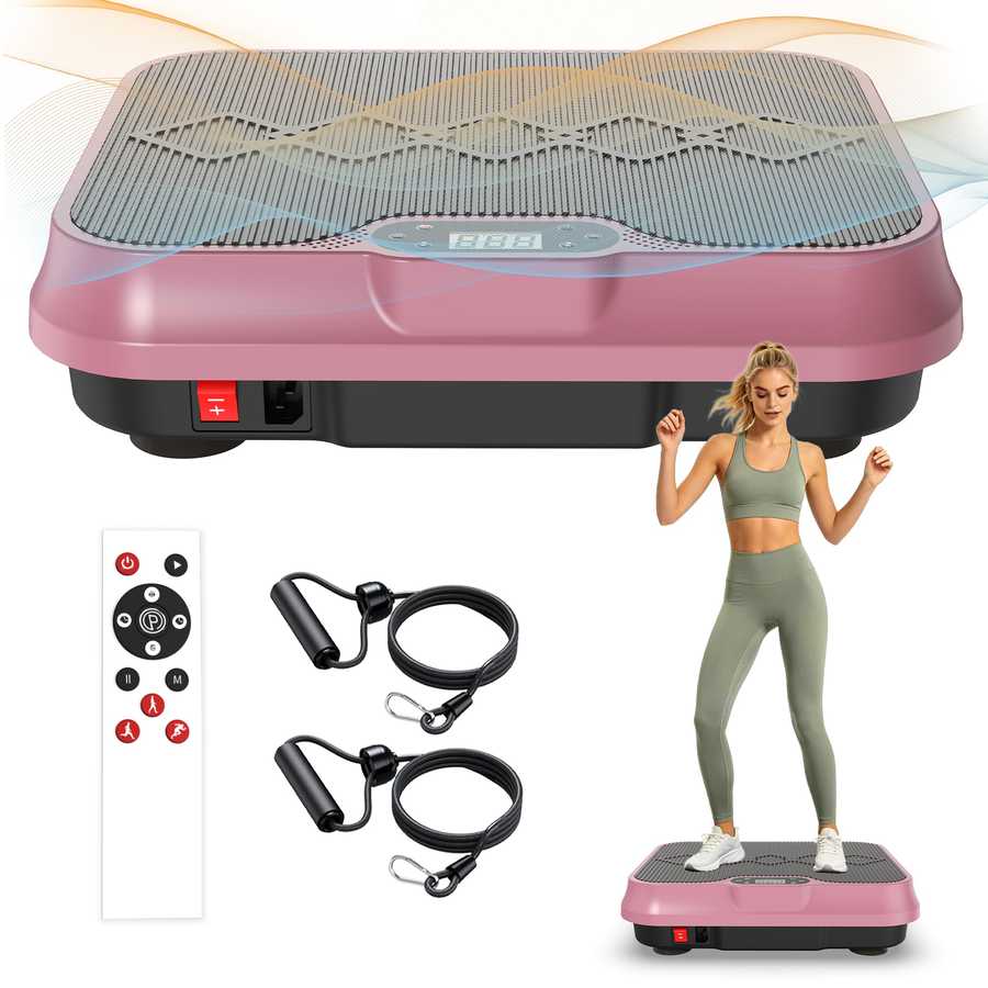 Pink vibration plate with remote control and resistance bands, woman exercising on plate.