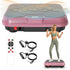 Pink vibration plate with remote control and resistance bands, woman exercising on plate.
