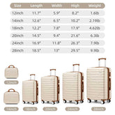 Set of beige suitcases with dimensions and weights displayed on a white background