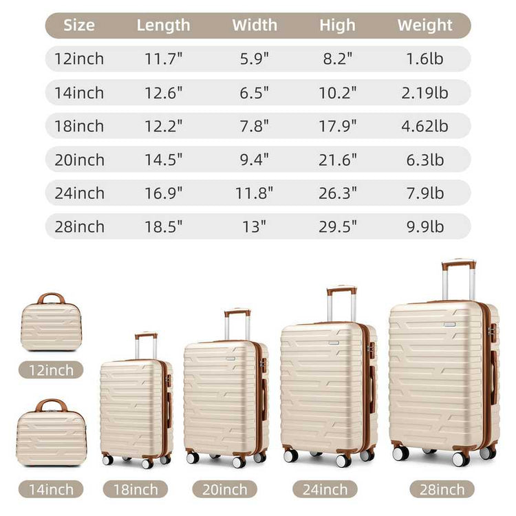 Set of beige suitcases with dimensions and weights displayed on a white background